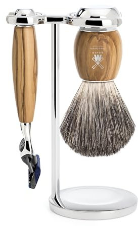MÜHLE Vivo Rasierset - Rasierer kompatibel mit Gillette-Klingen, Rasierpinsel reines Dachshaar, Halterung, Olivenholz Griff