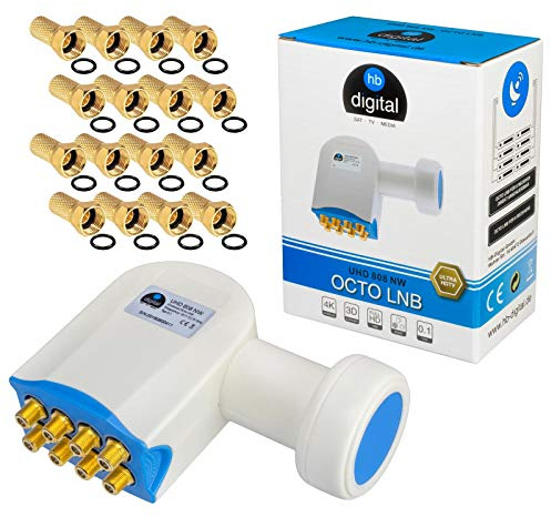 hb-digital Octo Ultra LNB NW LNC für 8 Teilnehmer/Receiver [Test SEHR GUT] Direktanschluss Full HDTV 4K – vergoldete Kontakte – Wetterschutzkappe (schiebbar) – inkl. 16x F-Stecker vergoldet – Weiß