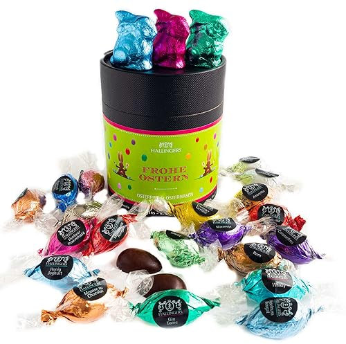 Hallingers Ostergeschenke für Osterkörbchen zu Ostern, Pralinen Ostereier & Osterhase teils mit Alkohol - Made in Germany