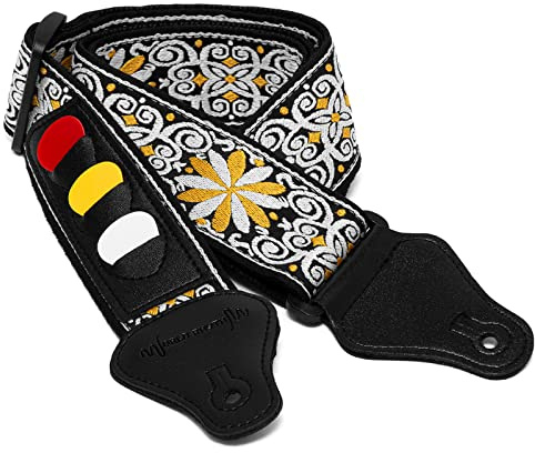 World Rhythm WR-213 Sangle de guitare en coton brodé avec motif floral pour guitare électrique, acoustique, classique et basse avec support de médiator et médiators Jaune