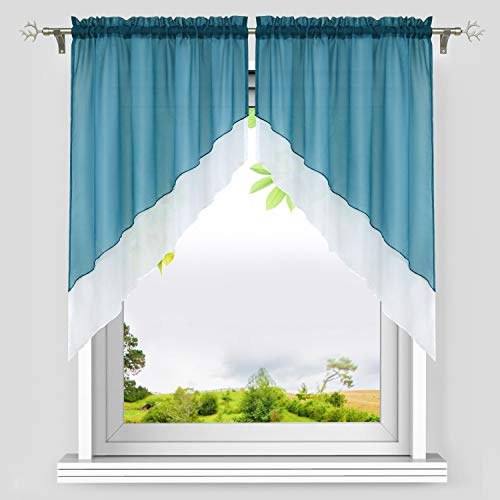 HeichkelL Scheibengardinen Bogen, Aqua BxH 120x125 cm (Jedes Stück) | Voile Gardinen Set 2-Teilige, Kleinfenster Vorhang, Tunnelzug Kurzstores, Doppelschichtige Küchengardinen