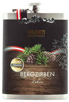 Berg Zirbenlikör Flachmann 0,2 Liter/Edelstahl Flachmann für unterwegs, auf Reisen, Ausflügen, in den Bergen, Radfahren/Österreichischer Zirben-Likör aus den Alpen