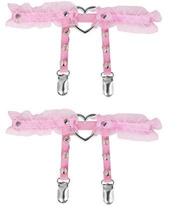 alisikee 2 Stück verstellbare Spitze herzförmige Oberschenkel Strumpfband mit Anti-Rutsch-Verschlüssen, elastisches Bein Strumpfband für Damen, Schwarz/Rosa