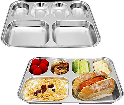 Korean Stainless Steel Divided Plates for Kids, Adults, Students, Premium 304, Electro-Polished, No Black Residue, BPA-Free, 6-Compartment Food Tray, Picky Eaters, Diet Portion Control, Set of 2