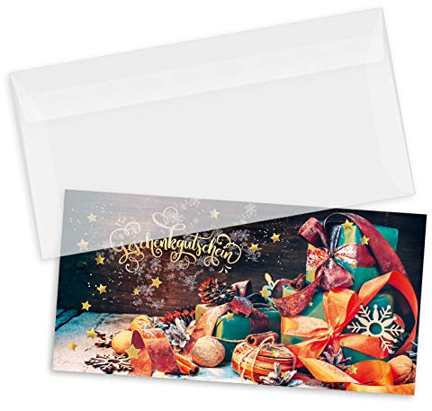 GESCHENKGUTSCHEINcom by POS-HAUER. Gutschein-Set. 10x Gutschein + Kuvert. Für Weihnachten Weihnachtsmotiv. Aufdruck weihnachtlich, blanko zum selber Ausfüllen.