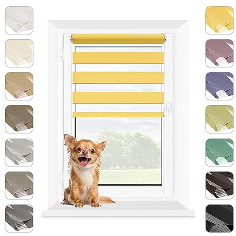 MARDOM Rollos für Fenster Ohne Bohren, Duo Rollo Tag und Nacht, Rollo Ohne Bohren, Doppelrollo Klemmfix Ohne Bohren, Fensterrollo Innen, Jalousien (Gelb, 85x140 cm (Stoffbreite: 81)