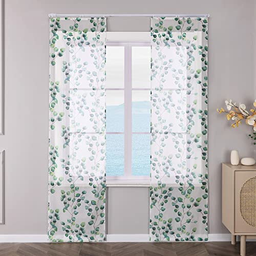 ESLIR 2er Set Flächenvorhänge Schiebegardinen Voile Gardinen mit Klettband Landhaus Schiebevorhang Transparent Vorhang Wohnzimmer Grün BxH 57x145cm 2 Stück