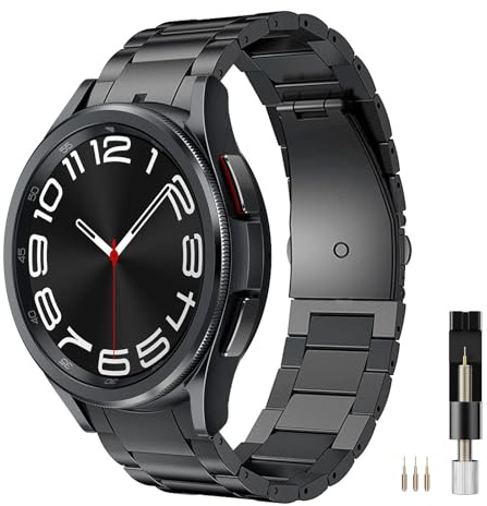 Miimall Kompatibel mit Samsung Galaxy Watch 7/FE/6/5/5 Pro/4 Armband 40mm 44mm 45mm, Titanstahl Metall Doppelte Faltschließe Verstellbares Armbänder für Galaxy Watch 6 Classic 43mm 47mm-Schwarz