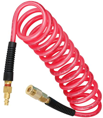 YOTOO Reinforced Polyurethane Recoil Air Hose 1/4 Inner Diameter by 10' Long, Heavy Duty, Flexible Air Compressor Hose with Bend Restrictor, 1/4 Swivel Industrial Quick Coupler and Plug, Red
