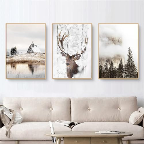 3er Premium Poster Set, Winter Weiße Kiefer Holzhaus Wandkunst Wandbilder Wohnzimmer Bilder, Wandposter Wanddeko für Wohnkultur, Ohne Rahmen (A,21x30cm)