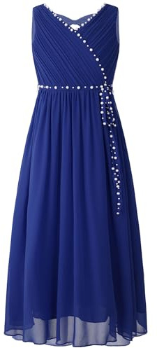Miutii Mädchen Kleid Festlich Lang Prinzessin Kleid mit Perlen Gürtel Hochzeit Blumenmädchenkleid Festzug Partykleid Ballkleid Royal Blau 146-152
