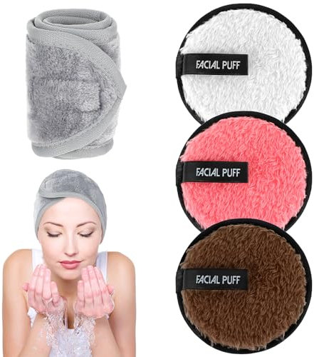 4Pcs Soft Makeup Remover Pads with Spa Facial Towel Headbands,Washable Face Cleansing Pads Microfibre Cotton Make Up Pads/Wipes Face Cleansing Cloths for All Skin Type