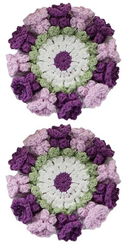 Sottobicchieri rotondi fatti a mano all'uncinetto, con piccoli centrini in tessuto, colore arcobaleno, da tavolo, confezione da 2, viola