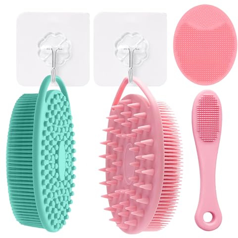 Scettar 2-Pack Dual-Sided Silicone Body Scrubber Set - with 2 Hooks, 1 Nose Brush & 1 Face Scrubber, Gentle Exfoliating Silicone Loofah for Shower/Sink, Travel Friendly