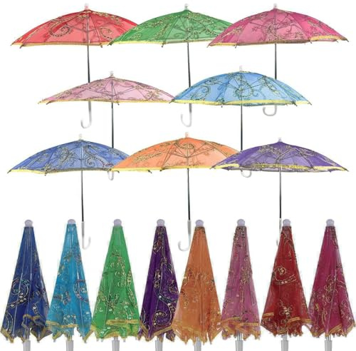 Lot de 8 mini parapluies indiens en dentelle à paillettes pour décoration, multicolores faits à la main, parasols brodés, parasols vintage bohèmes brillants pour fête de mariage, fête prénatale