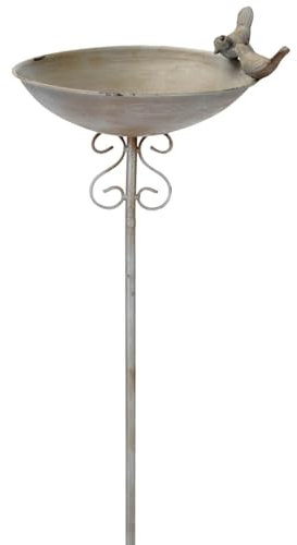 Elegante flache Vogeltränke am Stab aus Eisen mit kleiner Vogelfigur & Verzierung - Winterfester Vogelbrunnen mit Erdspieß in Grün - Wetterfeste Gartendeko perfekt für Garten, Terrasse & Balkon