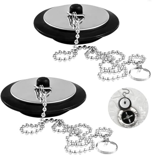 Universal Bath Plug - 2 PCS Kitchen Sink Plug Replacement - Bathroom Sink Drain Stopper with Stainless Steel Chain -Durable Rubber Stoppers for Kitchen, Bathroom, Laund