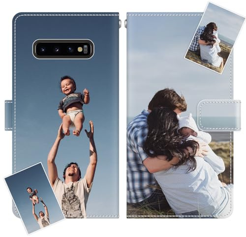 JGOYGYI Personalisierte Leder Handyhülle kompatibel mit Samsung Galaxy S10 Plus,Individuelle Eigenem Foto Bild Text Bildern Foldable Flip Klapphüllen Case hülle+Handykette