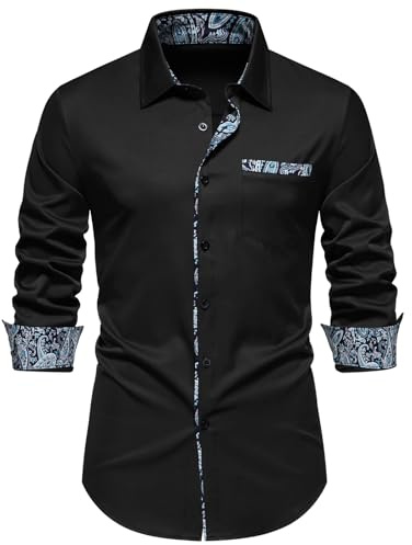 Suwangi Homme Chemise a Manches Longues Casual Business Floral Col Bicolore Repassage Facile Chemise Boutonnées avec Poche