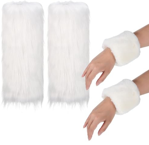 AOKWAWALIY Weißes Kunstfell-Manschetten-Set Plüsch-Damen-Handgelenkmanschette Und Flauschige Beinwärmer Winterstiefel Beinwärmer Weihnachten Cosplay-Zubehör