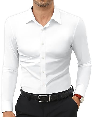 Siliteelon Men's White Shirt, Slim Fit, Non Iron, 4-Way Flex Fabric, Long Sleeve, Point Collar, Button Closure, Size L