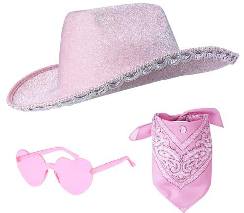 jerbro 3er Cowboy Hut mit Herzbrille Partybrille Cowgirl Hut Kostüm für Erwachsene Rodeo Wilder Westen Cosplay Karneval Mottoparty Halloween Party (Pink)