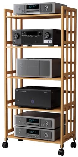 Höhenverstellbarer HiFi-Ständer, Medien-Regal, Audio-Komponenten-Regal für TV-/DVD-Player/Kabelboxen, 5 Etagen, Stereo-Schrank mit Schallplatten-Aufbewahrungshalter, schwarzer Metallrahmen (50 x 38 x