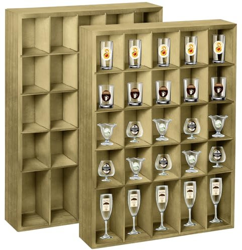 Shot Glass Display Case for Wall, Wood Holds Set of 30 Glasses Shot Glass Holder Display Shelf, Collection Display Rack Freestanding 17'' X 12''-3'' X 2'' ( Retro Green, 2pcs )