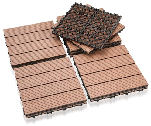 Eulenke WPC terrassplattor 44 stycken, 30 x 30 cm terrassbrädor för balkonggolv, klickplattor, balkongplattor i träutseende, golvbeläggning väderbeständig för terrass, för 4 m², brunröd
