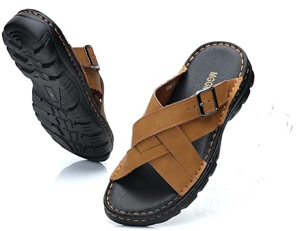 MGGMOKAY Sandalias de hombre de cuero natural,Verano Cómodo Apoyo Sandalias Planas,Sandalias Hombres para Interiores y Exteriores,Tan,44