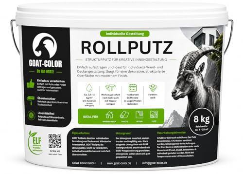 GOAT Rollputz - Streichputz 8kg | Innenbereich | für Wand und Decke | leicht zu Verarbeiten | weiß matt | gute Deckkraft | feine Struktur | atmungsaktiv | lösemittelfrei | individuell gestaltbar