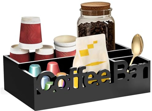 Kaffee Organizer, Küchen Organizer Holz Mit 4 Ablagefächern, Kaffeebar Regal für Kaffeetassen, Zuckerbeutel, Teebeutel, Kaffeerührer, Servietten, Küchenregal Arbeitsplatte für Küche, Zuhause, Büro