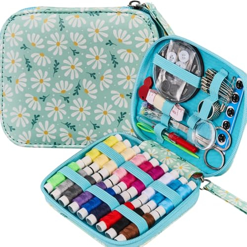 Bobode Sewing Sets & Kits Mini Sewing Kit Printing Sewing Tools Case Daisy Pattern Sewing Set Professional Basic Sewing Supplies Travel Carry Sewing Kit for Adults, Emergency, Home Beginners