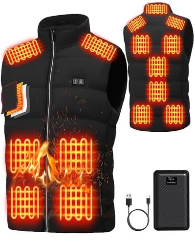 LQQSD Electric Heated Vest for Men: USB Heated Gilet with 3 Adjustable Temperature 15 Heating Zones 16000mAh Battery Pack - Winter Warm Heating jacket for Unisex Outdoor Work Hiking Skiing Hunting