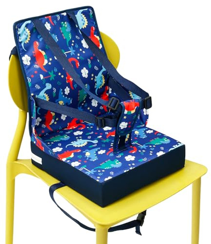 Rehausseur de chaise pour enfant, ceinture à 5 points, coussin d'assise amovible, avec dessous antidérapant, boucle de sécurité réglable pour restaurant, cuisine (dinosaure)