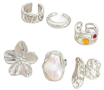 XFSRG Lot de 6 Chunky Bague Femme Anneaux Ouverts Vintage à Superposer avec Motifs Fleur et Perles Bijoux d’Été Antioxydation （Argent）