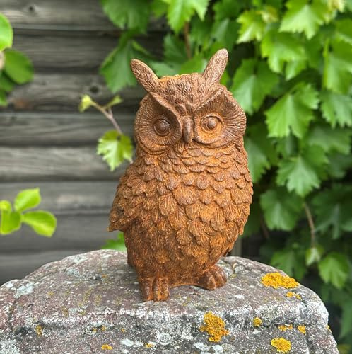 STEINFIGURENWELT GIEBEN Gusseisen Eule 17cm Skulptur Tier Figur Deko Vintage Eisenguss mit Rostpatina Gartenfigur Gartenskulptur Uhu Waldeule Edelrost Wetterfest