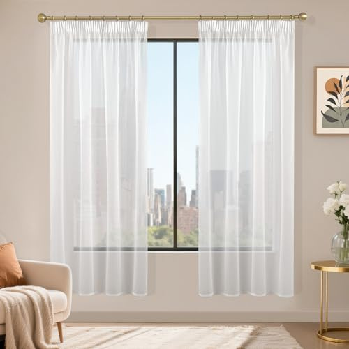 Runyéla Stores Gardinen mit Kräuselband 2er Set, Voile Schiebegardinen 180 x 120 (HxB), Transparent Gardine, Vorhang Weiß, Vorhänge für Wohnzimmer Schlafzimmer Sheer Curtain
