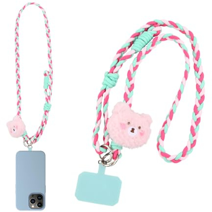 Eclove Universal Mobile Phone Chain, Phone Lanyard with Patch, Adjustable Braided Crossbody Phone Lanyard, Neck Phone Holder Compatible with Most Phones, Pink Cute Bear