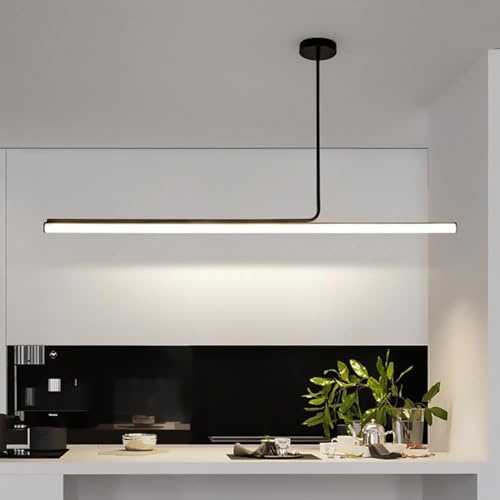 Yuelux Moderne LED Pendelleuchte, Dimmbare Hängelampe mit Fernbedienung für Esszimmer, Kücheninsel und Büro, Lineares Design, Wahlweise Warmweiß/Kaltweiß Schwarz, 120cm