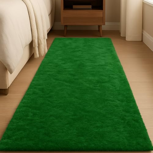 JOYARR Hochflor Läufer Teppich, Flauschig Waschbar Anti-Rutsch Teppiche für Schlafzimmer Bettvorleger Flur Wohnzimmer, 60x180 cm, Dunkelgrün
