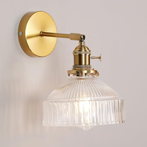 GreeLustr Wandbeleuchte Loft-Wandlampen Gold Vintage Wandlampe mit Schalter, Wandleuchte Innen E27 Nachttischlampe Wand Drehbare für Schlafzimmer Flur Wohnzimmer, Kegelform Klares Glas 17cm