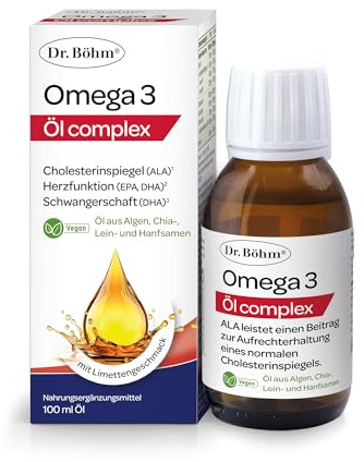 Dr Böhm Omega 3 Algenöl - Vegan Hochdosiert mit EPA, DHA & ALA - 100 ml | 3100 mg Omega-3 je Teelöffel, aus Algen-, Chia-, Lein- und Hanfsamenöl, Limettengeschmack, glutenfrei, laktosefrei.