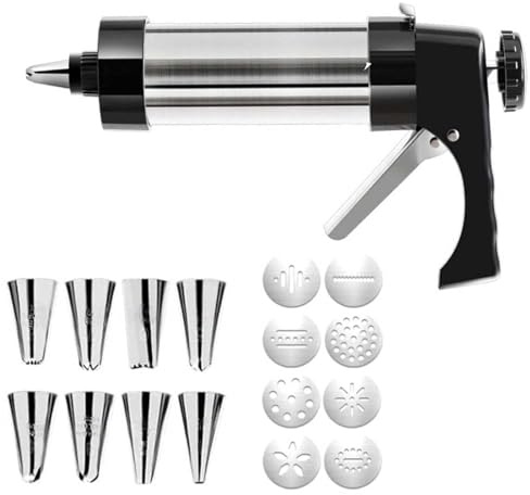 Stainless Steel Cookie Press Gun - Biscuit Maker & Icing Decorating Set with 8 Cobokie Discs & 8 Piping Nozzles, Easy-Squeeze for Spritz Cookies, Cake Icing, Puffs, Home Baking Tools Kit