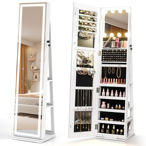 RELAX4LIFE Armoire à Bijoux Pivotante avec Miroir Psyché LED | Armoire Bijoux sur Pied | Miroir Cosmétique Hollywood | Ampoules Bulle à 3 Couleurs | Grande Capacité | Verrouillable (Blanc)