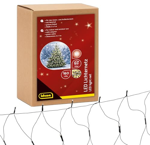 Idena 31899 LED Light Net with 160 LEDs in Warm White, Approx. 2 x 1 m, for Outdoor and Indoor Use, with 8 Hour Timer Function and Transformer, as Party Decoration, Christmas Decoration, Wedding