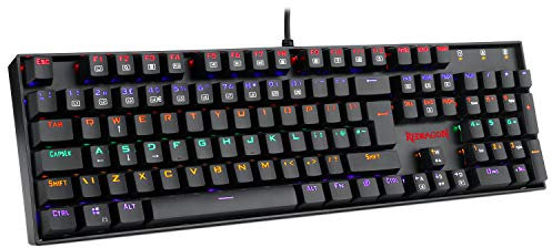 Redragon Mechanical Gaming Keyboard, LED Rainbow Backlit 104 Keys with Red Switches, Durable ABS Keycaps/Anti-Ghosting Keys/Metal Case Wired Keyboard Gaming for PC/Mac - UK Layout