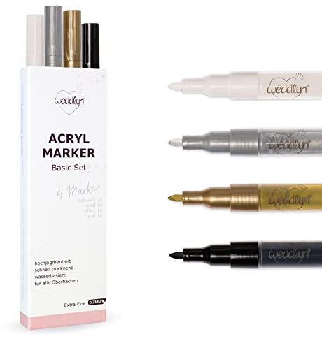weddlyn® – Acrylstifte 0,7 mm– starke Deckkraft – Metallic Marker – schnell trocknend – Metallic Stifte für alle Oberflächen – Stifte Set in gold weiß schwarz silber – auf Wasserbasis – 4er Set