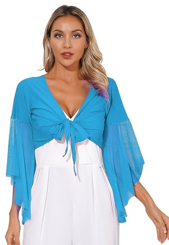 inlzdz Damen Bauchtanz Oberteil kurzes Oberteil Cardigan Langarm Bluse Top Bauchtanz Tanztop 3/4 Trompetenärmel Tanzshirt Elegant Schulterjacke Festlich