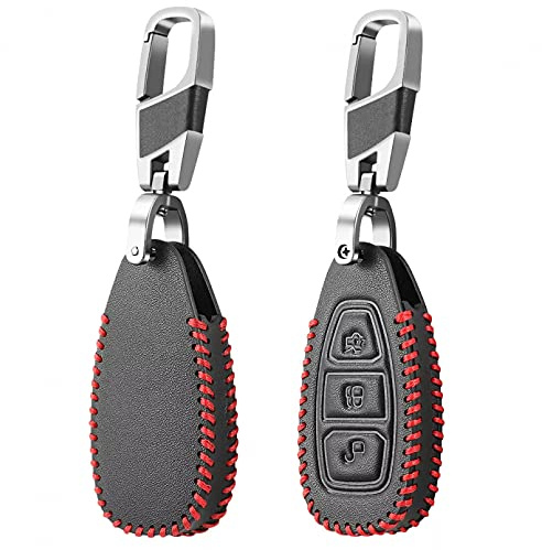 Leder Autoschlüssel Hülle für Ford Focus 3 4 MK3 ST RS Kuga Escape Ecosport Fiesta 3 Tasten Auto Remote Fob Protect Cover Schlüsselanhänger Schwarz